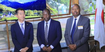 Mr. Yoshida Norimasa, Deputy Head of Mission at the Embassy of Japan to Uganda, Hon. David Bahati, Minister of State for Industry and the Executive Director of UFZEPA, Hez Kimoomi Alinda